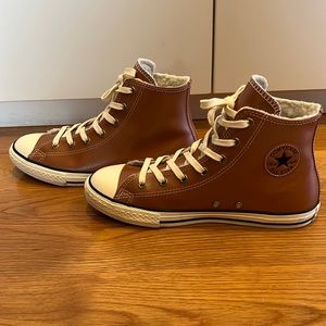 Brown leather faux fur lined high-top Converses